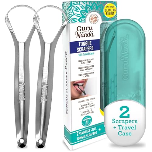 GuruNanda Stainless Steel Tongue Scraper (Pack of 2), Fight Bad Breath, Medical