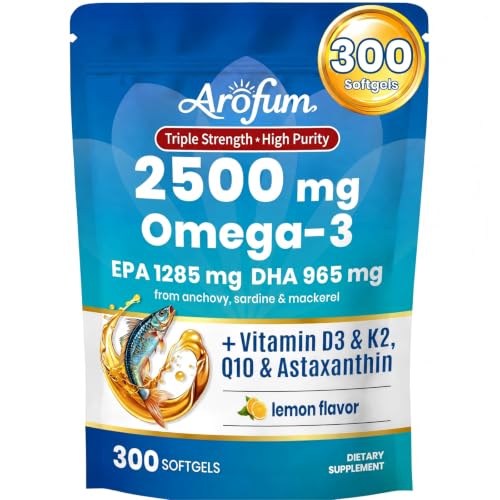 Omega-3 Fish Oil Supplement with Vitamin D3 K2, 300 Softgels, Lemon Flavor