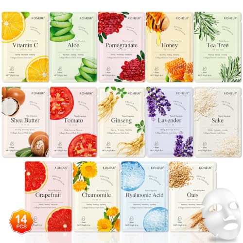 KONEUK 14 Pack Sheet Face Masks Skincare, Hydrating Face Masks for Dry