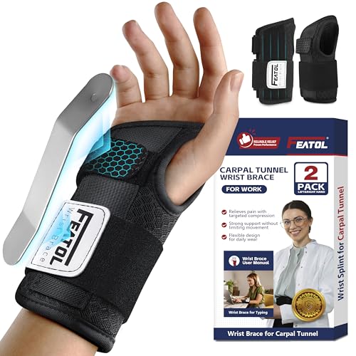FEATOL 2 Pack Carpal Tunnel Wrist Brace For Work With Wrist Splint 6.5'' | Night Support For Women Men, Pain Relief For Tendonitis, Pregnancy, Typing, Right Hand and Left Hand, Medium Size