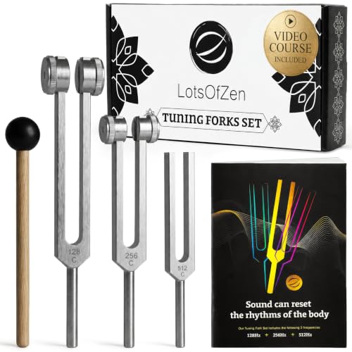 LOTS OF ZEN Tuning Forks for Healing Set (128 Hz, 256 Hz, 512 Hz) | Frequency Healing Devices - Weighted & Unweighted, 80-Min Expert Video Course, Mallet & Velvet Pouches