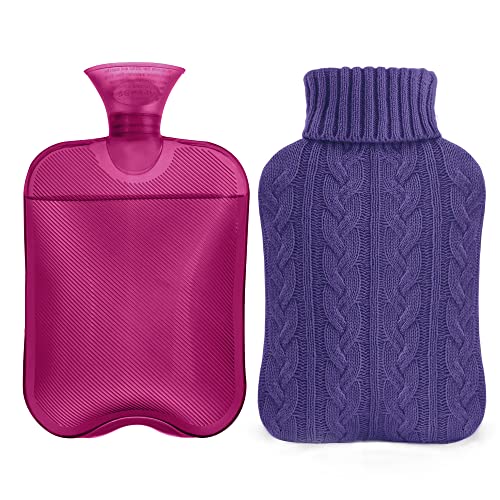 samply 2L Hot Water Bottle with Knitted Cover, Hot Water Bag, Purple