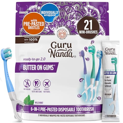 GuruNanda Disposable Travel Toothbrush 2.0, Fluoride Free Toothpaste, 21 ct | 6-In-1 Ready-To-Go Soft Toothbrushes with Tongue Scraper, Floss & Toothpick|Individually Wrapped|Made with Recycled Plastic