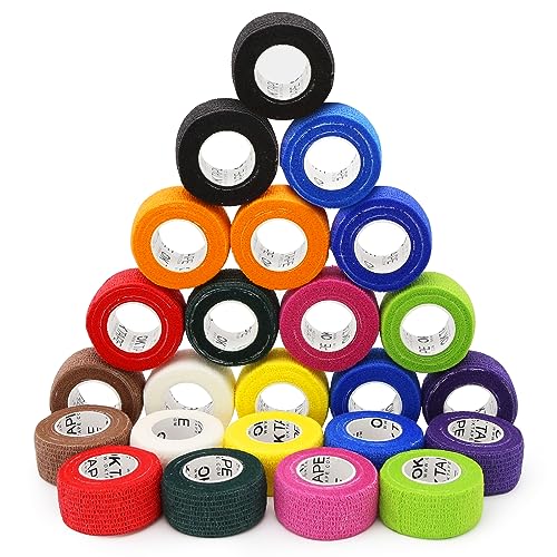 OK TAPE Self Adherent Cohesive Bandages Wrap 24Packs 1" x 5 Yards | Non-Woven Elastic for Thumb Finger Wrist Ankle Self Adhesive Bandage Wrap Breathable Vet Wrap Bandages Tape (Mixed Colors)