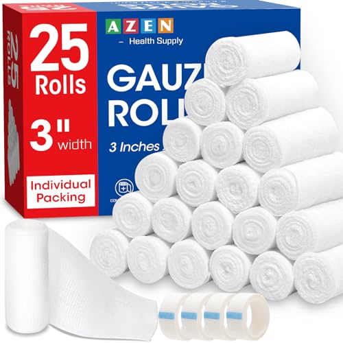 AZEN 25 Pack Gauze Rolls Bandages, 3 in x 4.1 Yards, Premium
