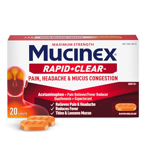 Mucinex Rapid+Clear Pain, Headache & Mucus Congestion Relief, 20 Caplets | Acetaminophen