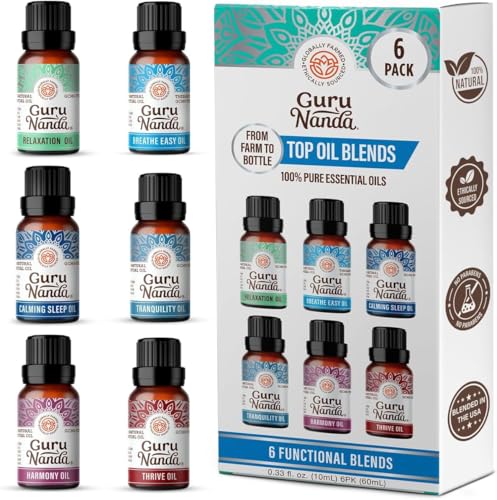GuruNanda Essential Oil Blends – 6 Pack (10mL Each), Breathe Easy, Tranquility,