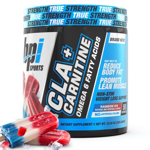 BPI Sports CLA + Carnitine Powder – Caffeine Free, Rainbow Ice, 50 Servings