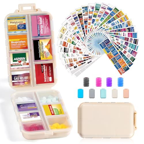 14 Grids Travel Pill Organizer Box with 415-Pcs Medicine Name Labels -