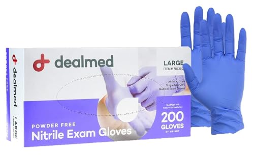 Dealmed Nitrile Exam Gloves - Latex Free - Large - 200 Count | Purple, Adult Size, Slim Fit, Ambidextrous, Powder-Free, Beaded Cuffs, Cut-Resistant, Water-Resistant, 200 Total Count