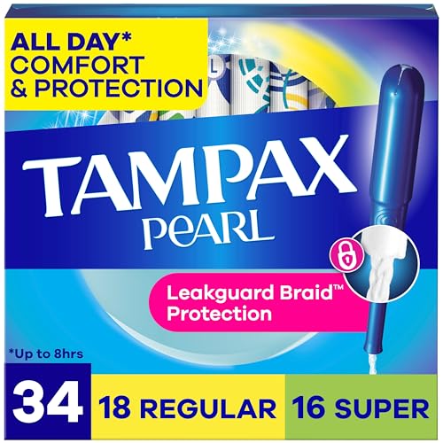 Tampax Pearl Tampons for Women Multipack, with LeakGuard Braid, Regular/Super Absorbency, Unscented,