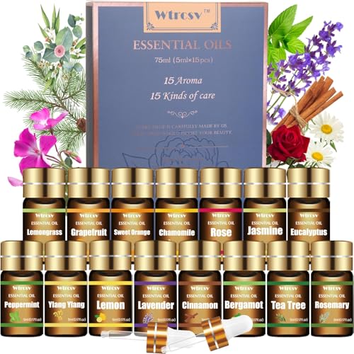 Wtrcsv Essential Oils Set - Top 15 Scents for Diffuser, Humidifier, Skin