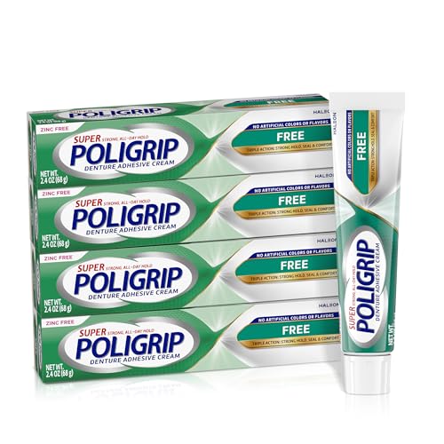 Poligrip Free Denture Adhesive Cream, Strong All-Day Hold, 2.4 oz (4 Pack) | Food Seal, Comfort, Clinically Proven, Flavor-Free, Zinc-Free, HSA And FSA Eligible, Full Or Partial Dentures