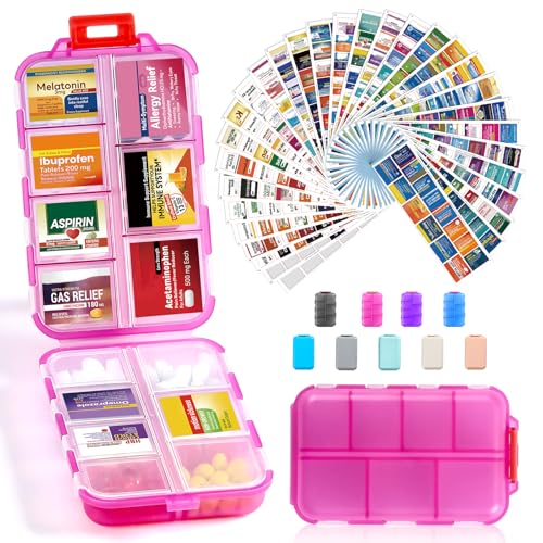 14 Grids Travel Pill Organizer Box with 415-Pcs Medicine Name Labels -