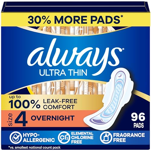 Always Ultra Thin Feminine Pads with Wings for Women, Size 4, Overnight