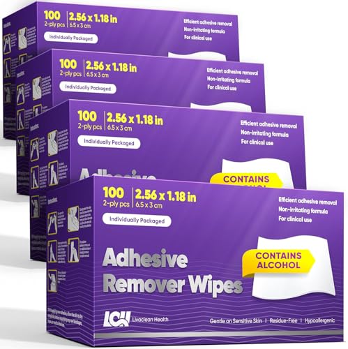 400 CT (4 Pack) Adhesive Remover Wipes – Sting-Free & Gentle – Medical Adhesive Remover for Skin – 2 Ply 2.56x1.18in (6.5x3cm) – Adhesive Wipes for Bandage, Tape, Dressings and Ostomy Residue