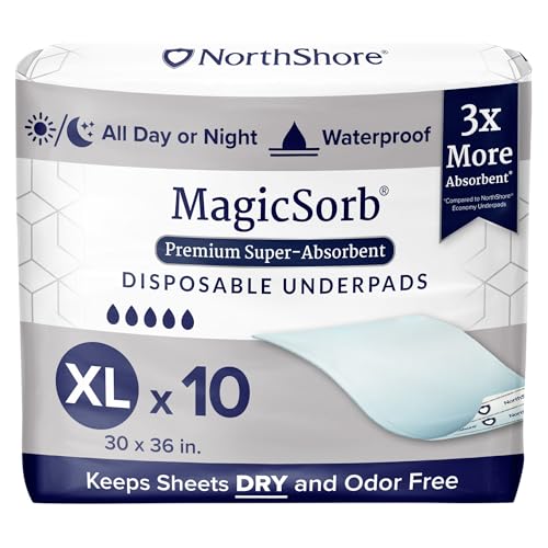NorthShore MagicSorb Super-Absorbent Disposable Underpads, XL, 10 Count | Quick-Wicking, Heavy-Duty Backing,