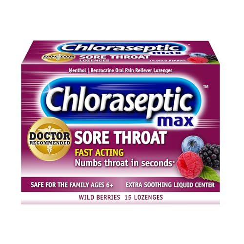 Chloraseptic Max Strength Sore Throat Lozenges, Wild Berry, 15 Count | Numbs Throat in Seconds*, Extra Soothing Liquid Center, Oral Pain Reliever Lozenges, Fast Acting, Cold and Flu Symptom Relief