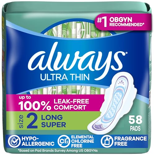 Always Ultra Thin Feminine Pads with Wings for Women, Size 2, Long