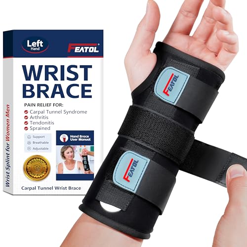 FEATOL Carpal Tunnel Wrist Brace Night Support, Adjustable Left Hand Brace |