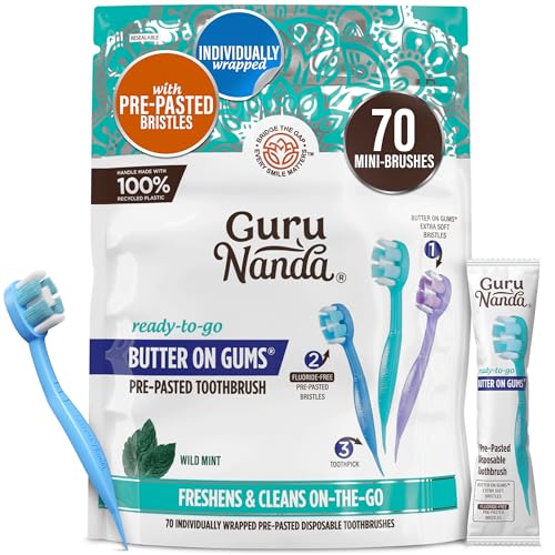 GuruNanda Disposable Travel Toothbrush 1.0, Fluoride Free Toothpaste, 70 ct | 2-In 1 Ready-To-Go Soft Bristle Toothbrushes with Toothpick|Individually Wrapped Travel Essentials|Made with Recycled Plastic