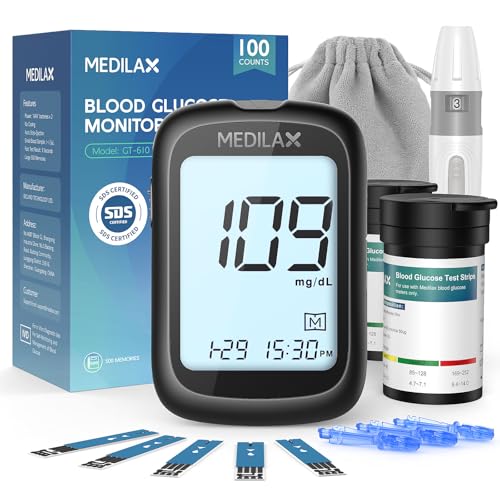 Medilax Glucose Monitor Kit, Blood Sugar Testing Kit with 100 Test Strips