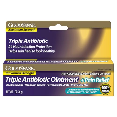 GoodSense Maximum Strength Triple Antibiotic + Pain Relief Ointment, 1 Oz | 24-Hour Infection Protection, Pramoxine HCl, Temporary Pain Relief, First Aid Antibiotic, For Cuts, Scrapes & Burns