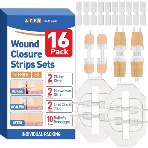 AZEN 16 Pack Wound Closure Strips, 4 Types Butterfly Bandages, Emergency Laceration