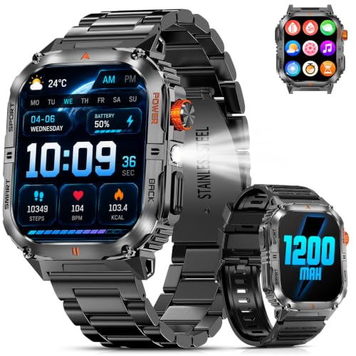 Military Smart Watch for Men, 1200mAh Battery, Flashlight, Bluetooth Call | 2.0"
