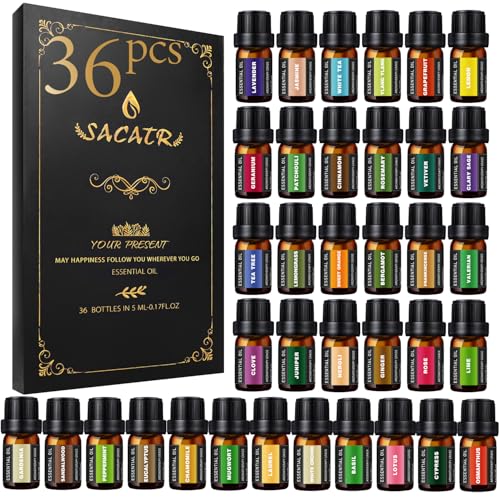 SACATR 36 Pcs Natural Essential Oil Sets,Fragrance Oil Scent (36 * 5ML) | For Diffuser, Humidifiers, Skin Care, Massage, DIY Candle,Soap Making, Festival Gifts