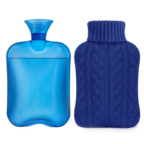 samply 2L Hot Water Bottle with Knitted Cover, Hot Water Bag, Navy