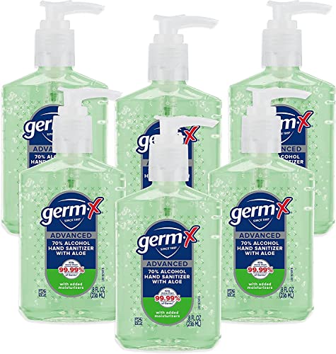 Germ-X Plant-Based Advanced Hand Sanitizer Gel, 8 Fl Oz Pump Bottle, 6 Pack | 70% Ethyl Alcohol with Moisturizers & Vitamin E, No Rinse, Less Drying, For Home, Work, or Shared Spaces, Subtle Scent