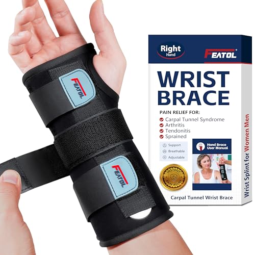 FEATOL Carpal Tunnel Wrist Brace Night Support, Adjustable Right Hand Brace | S/M, Wrist Splint with Metal Bar for Women & Men; Relieves Tendonitis, Arthritis & Sprain; Day & Night Wear for Sleep or Work