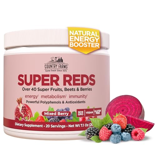 Country Farms Super Reds, Energizing Polyphenol Superfood, Over 40 Super Fruits and Berries, Powerful Antioxidants and Polyphenols, Supports Energy, Supports Circulation, 20 Servings, Mixed Berry