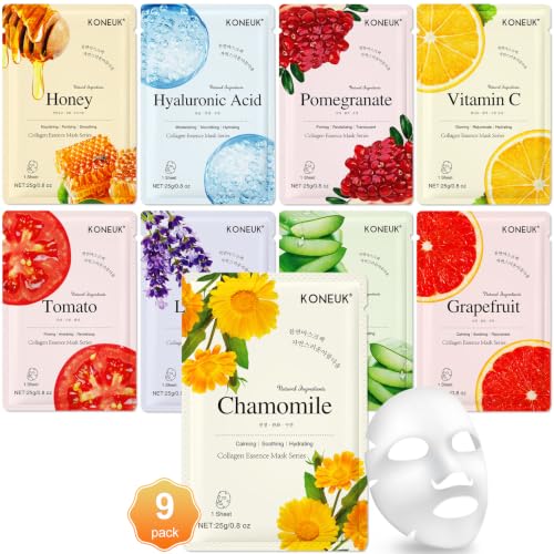 9 Pack Collagen Face Masks Skincare for Women, Hydrating Sheet Face Masks