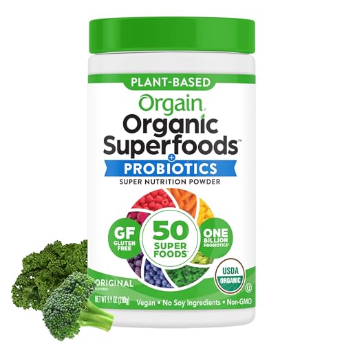 Orgain Organic Greens Powder, 50 Superfoods + Probiotics, Original, 0.62 lb | 1 billion probiotics for digestive health, antioxidants, vegan, gluten free, non-GMO, for smoothies & green juice