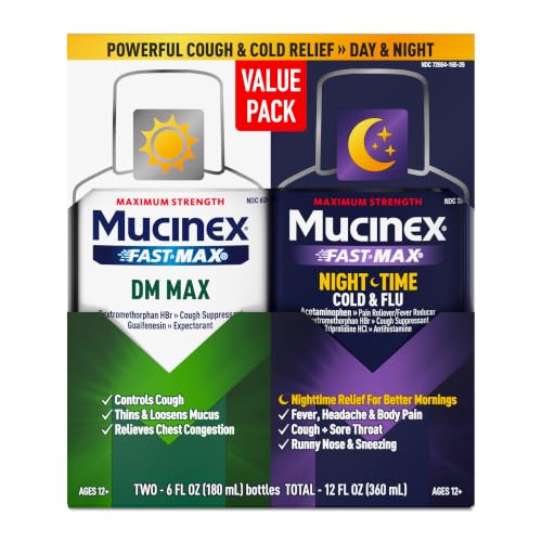 Mucinex Fast-Max DM Max & Nightshift Cold and Flu Value Pack, 2x6 FL OZ | Dextromethorphan HBr, Guaifenesin, Acetaminophen & Triprolidine HCl, For Ages 12+
