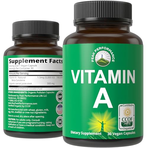 Certified Organic Vitamin A 5000 IU Supplement Capsules. High Potency | Vitamins for Adults, Men, Women, Kids. Made with Carrot Juice. Great for Immune, Skin, Eye Support. Non GMO, Vegan Pills