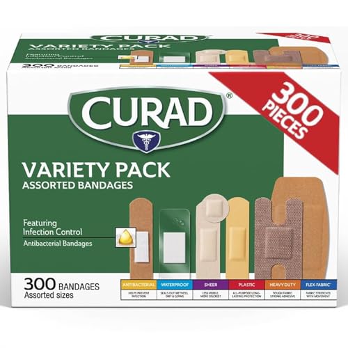 CURAD Assorted Bandages Variety Pack, 300 Count, 6 Styles Including Antibacterial, Waterproof,