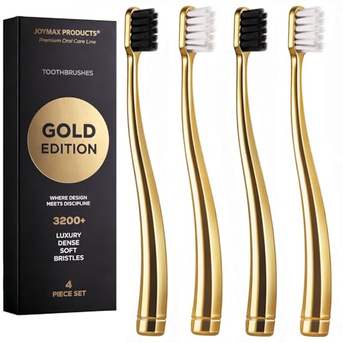 JoyMax Gold Edition Toothbrush Set (4 Pack) Luxury Dense Soft Bristles, Premium Gold Handle, 3200+ Bristles