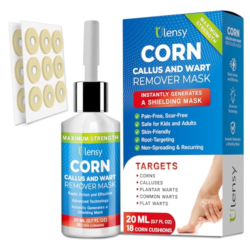 Ulensy Plantar Wart, Corn & Callus Remover for Feet: Salicylic Acid Liquid | 20ml Bottle with 18 Cushions in the Box. One Drop Dries to a Clear Film That Stays on the Spot, Not the Skin Around It.