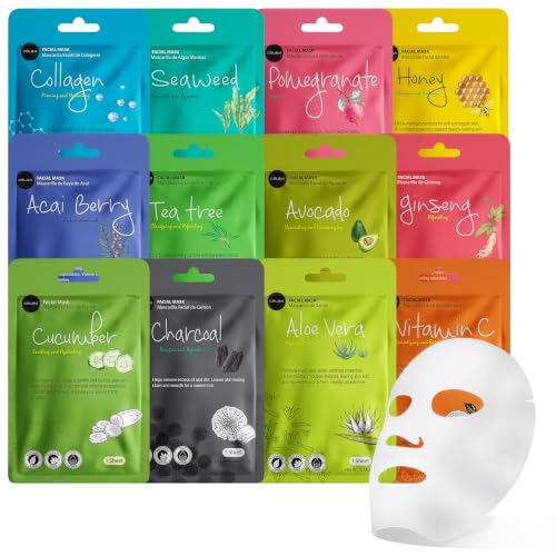 Celavi Korean Face Mask Sheet Set, Facial Spa Masks for Women, 12