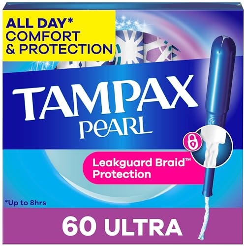 Tampax Pearl Tampons for Women, with LeakGuard Braid, Ultra Absorbency, Unscented, 60