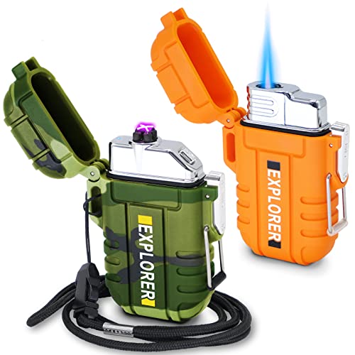 Laffizz 2 Pack Waterproof Outdoor Lighter Plasma Windproof Torch Lighters Dual Arc
