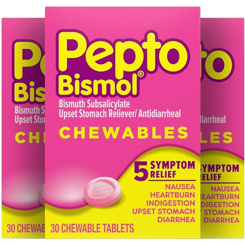 Pepto Bismol Chewable Tablets, Upset Stomach Relief, Nausea Relief, Heartburn Relief, Indigestion Relief, Anti Diarrhea Medication for Adults - 5 Symptom Relief, 90 Chewable Tablets (3x30 ct)
