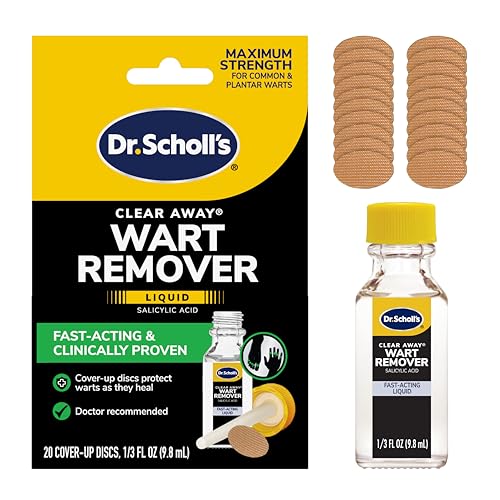 Dr. Scholl's Clear Away Wart Remover Liquid on Fingers and Toes, 1/3 fl oz, 20 Cover Up Discs – Fast Acting & Clinically Proven Wart Removal, Safe to Use on Kids Ages 4+