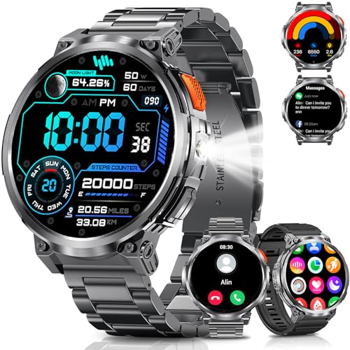 Military Smart Watch for Men, 1.85" Big Screen, Flashlight, 930mAh Battery