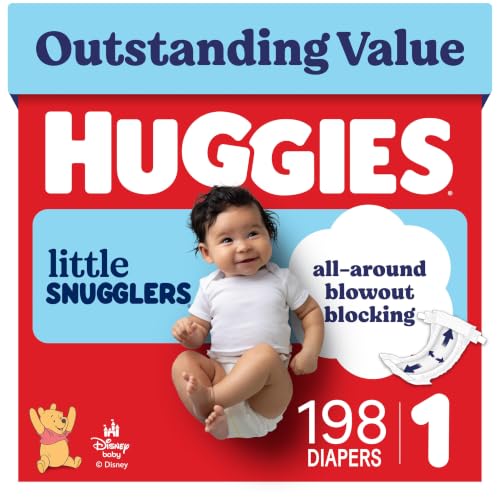 Huggies Little Snugglers Diapers Size 1, 198 Count (6 Packs of 33) | Blowout Protection, Leakproof Protection, Luxury Softness, FastAbsorb System, Hypoallergenic, Fragrance Free