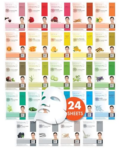 DERMAL Korean Sheet Mask Variety Pack, 24 Unique Collagen Essence Masks |