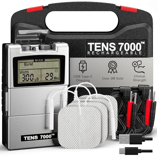 TENS 7000 Rechargeable Tens Unit Muscle Stimulator, Back Pain Relief, 4 Electrodes/Unit